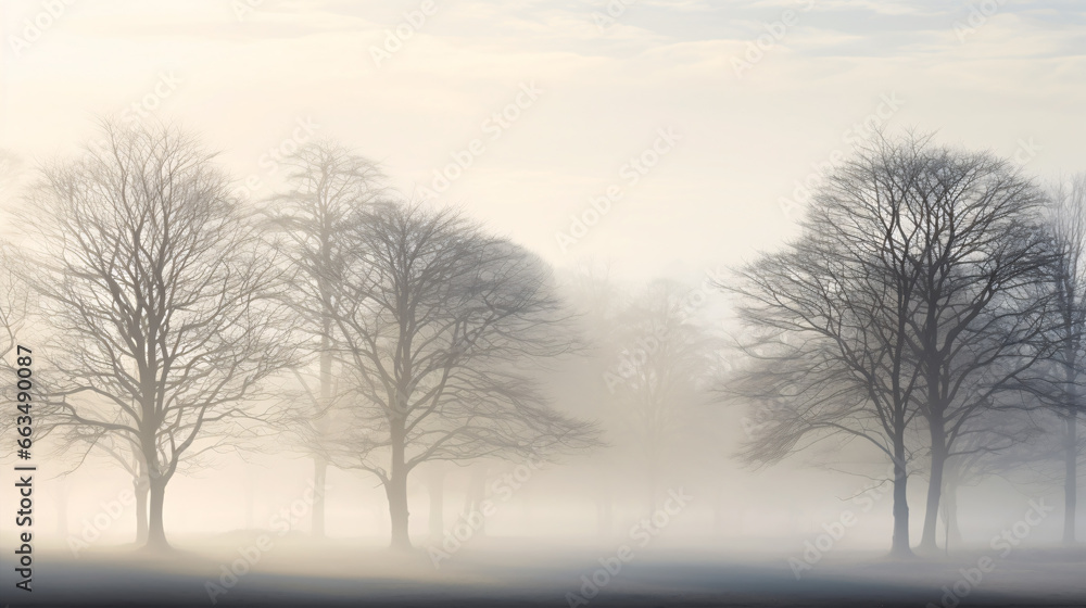 A mistery-filled, ethereal morning scene with shadows of trees appearing through a hazy fog. A mistery-filled, ethereal morning scene with shadows of trees appearing through a hazy fog.
