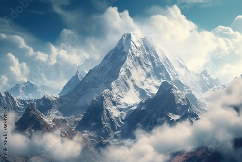 A picturesque view of a snow covered mountain with clouds in the foreground.
