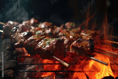 A picture of a bunch of skewered meat on a grill. Perfect for barbecue and grilling enthusiasts.