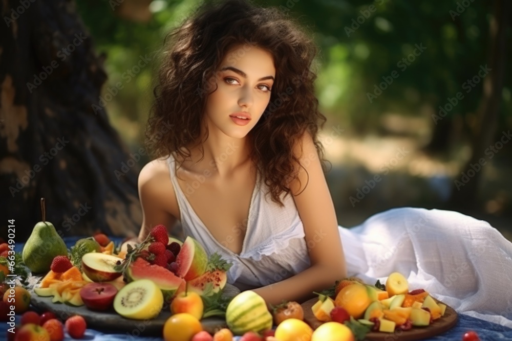 A woman sitting on a blanket with a plate of fresh and colorful fruits. Perfect for healthy eating, picnic, and outdoor lifestyle concepts.