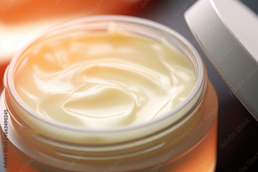 A jar of cream sitting on top of a table. Suitable for skincare product advertisements or beauty blog posts. A jar of cream sitting on top of a table. Suitable for skincare product advertisements or beauty blog posts.