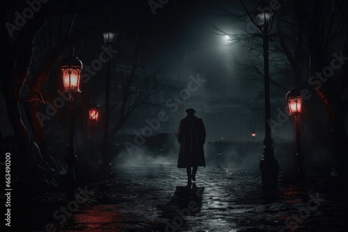 A mysterious man wearing a trench coat stands alone on a dark street at night. This image can be used to create a sense of suspense and intrigue.