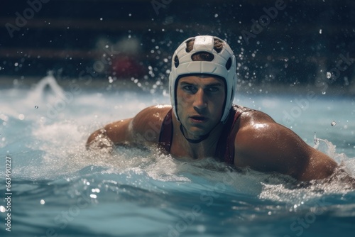 A man in a water polo uniform is seen in the water. This image can be used to depict the intensity and athleticism of the sport. © Fotograf
