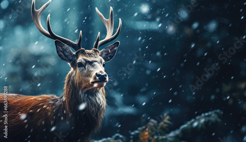 Deer  pompous powerful animal with horns in the forest on snow during winter snowy days.