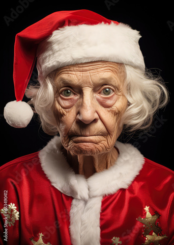 Close-up portrait of an elderly woman, a grandmother dressed in a Santa Claus costume ready to surprise children and grandchildren with gifts during the winter holidays and Christmas Eve.