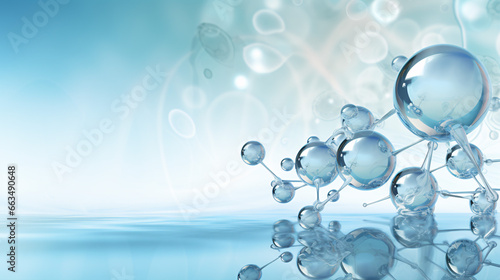 A water-themed background featuring a molecule and bubble serum..