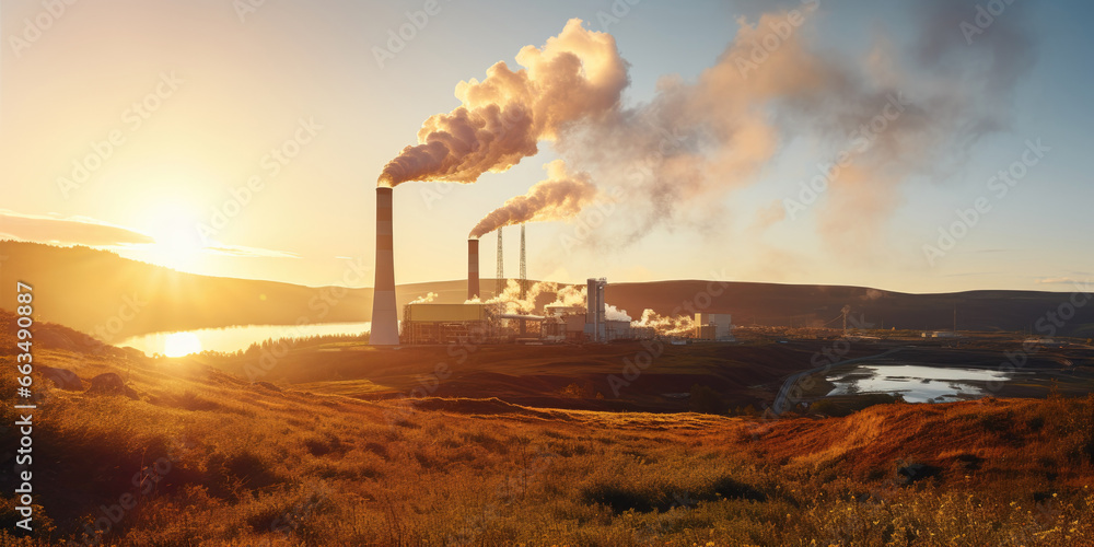 View of a geothermal energy production plant or a green power generation factory generating water vapor smoke from its smokestacks. - obrazy, fototapety, plakaty 