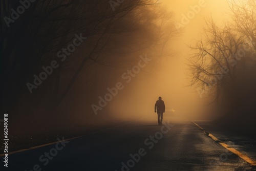 A captivating image of a mysterious man walking down a misty, foggy road, set in a dramatic and mystic scene accentuated by warm colors. Ideal for conveying mood and atmosphere.