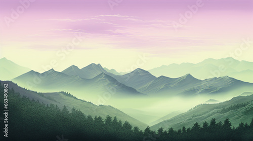 A serene peakscape in serene green and mild lavender exhibits the splendour of nature's balance. © ckybe