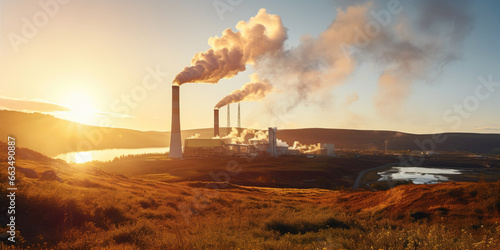 View of a geothermal energy production plant or a green power generation factory generating water vapor smoke from its smokestacks.