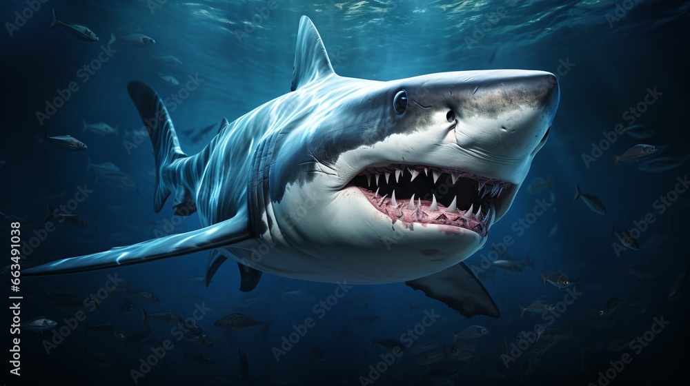 Fototapeta premium A menacing, toothed maw looms from beneath the oceanic shark.