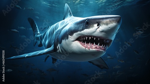 A menacing  toothed maw looms from beneath the oceanic shark.
