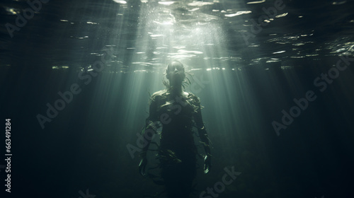 A surreal, still shot of a solitary swimmer beneath turbulent waters symbolizing profound emotion amidst turmoil. © ckybe