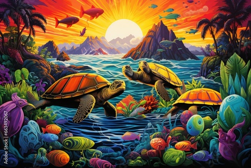 Ancient sea turtles, carrying entire ecosystems on their colossal shells - Generative AI photo