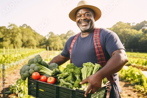 joyful african american farmer hold a wooden crate with vibrant fresh harvest of vegetables and greenery on green field background