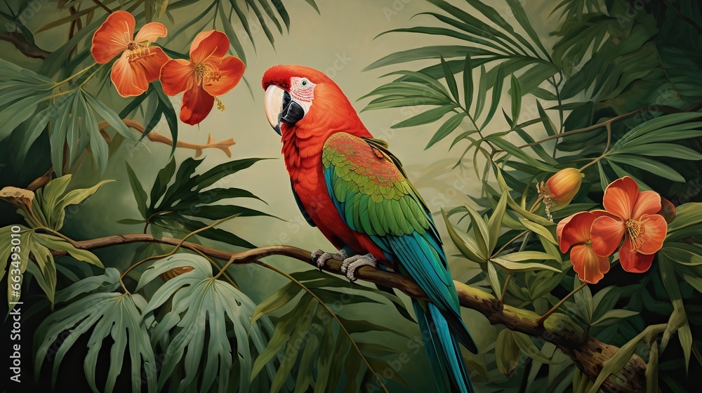 a painting of a parrot sitting on a branch with flowers. generative ai a painting of a parrot sitting on a branch with flowers. generative ai