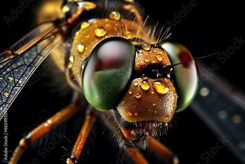 A detailed closeup of a sharp dragonfly showcased beautifully through macro photography. Generative AI