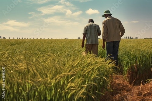 Two farmers agriculturists inspecting a Wheat Crop in field. walking and talking through green field with clear blue sky background photo