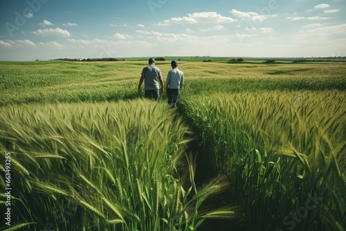 Two farmers agriculturists inspecting a Wheat Crop in field. walking and talking through green field with clear blue sky background