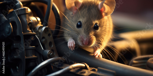 Close-up of a mouse inside a car engine eating and biting the cables and creating rodent wiring damages. photo