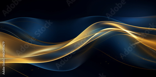 Futuristic black_and_blue_gradient_background wave of particles. Sound structural connections. Abstract background with a wave of luminous particles in blue and gold