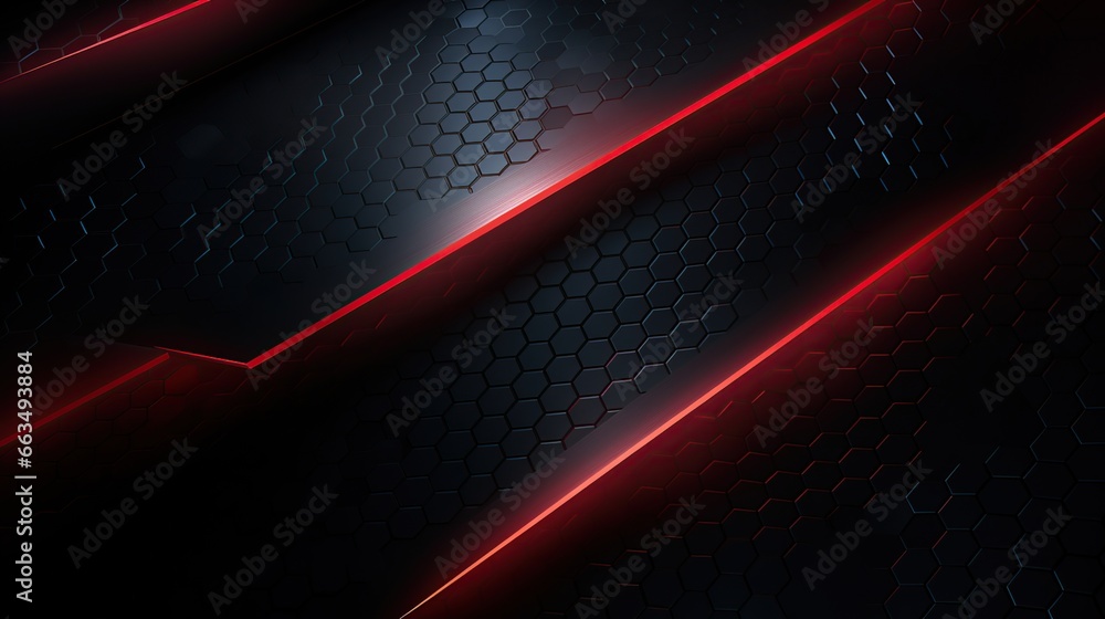 Modern Dark hexagonal carbon fiber with red luminous lines and highlights background.AI generated image - obrazy, fototapety, plakaty 