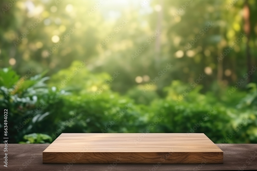 Rectangle wooden empty podium for presentation or advertising. Natural green blurred background with green leaves Rectangle wooden empty podium for presentation or advertising. Natural green blurred background with green leaves