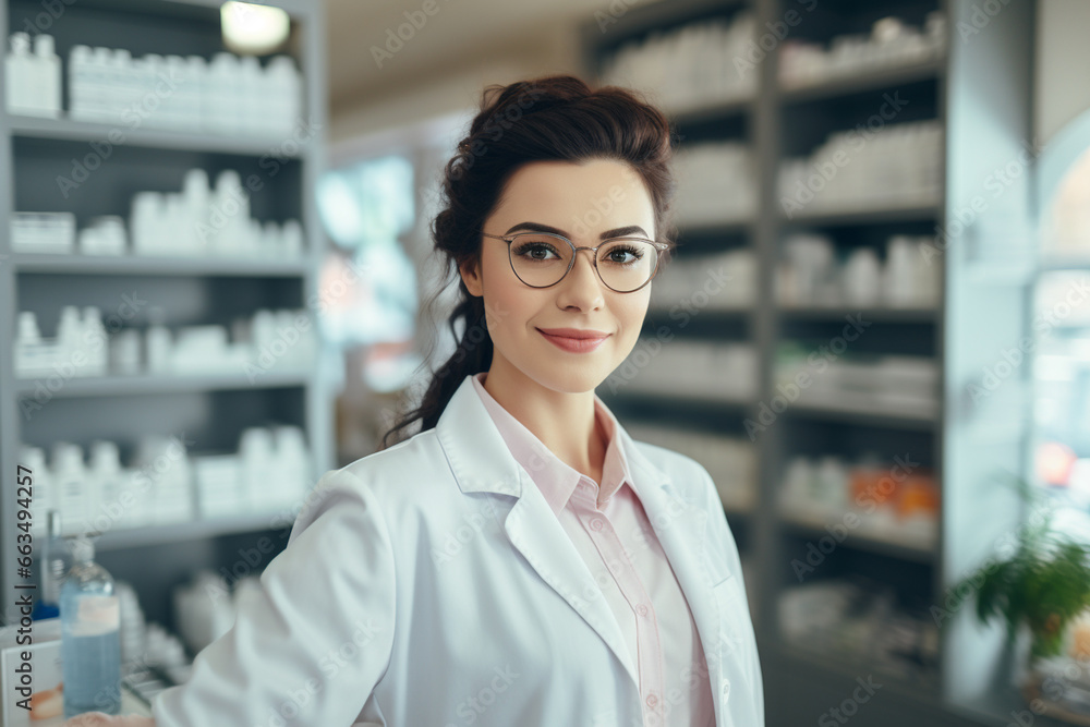 comercial style photo, health care and medication. beautiful pharmacist leaning on counter. pharmaceutical store background