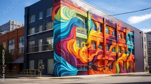  a building with a colorful mural on the side of it. generative ai