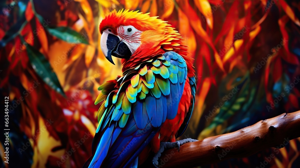 Obraz premium a colorful parrot sitting on a branch in front of a painting. generative ai