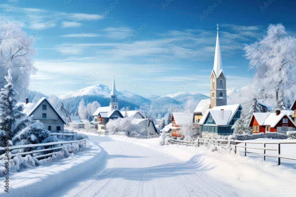 European town ski resort after snowfall landscape. Swiss village.  - obrazy, fototapety, plakaty 