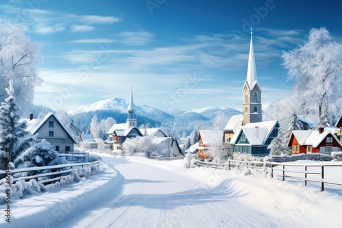European town ski resort after snowfall landscape. Swiss village. 