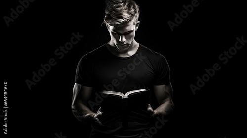 Close-up portrait of a man holding an open book and reading it. The concept of self-development and learning. Relaxing at a favorite activity. Illustration for cover, card, postcard, interior design.