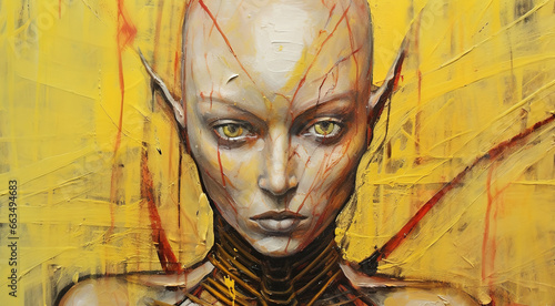 Close-up portrait of female elf face on yellow background. Graffiti style drawing. Illustration for cover, postcard, greeting card, interior design, decor or print.