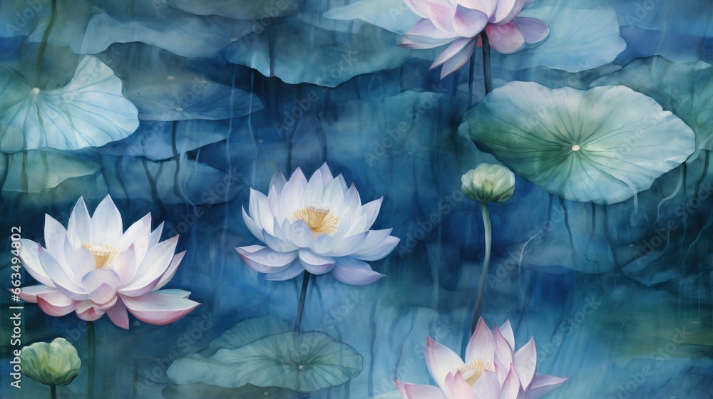 a painting of water lilies in a pond of water. generative ai a painting of water lilies in a pond of water. generative ai