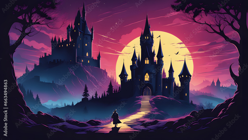 colorful digital art of a wizard entering a mysterious castle on the high mountains, dark fantasy art