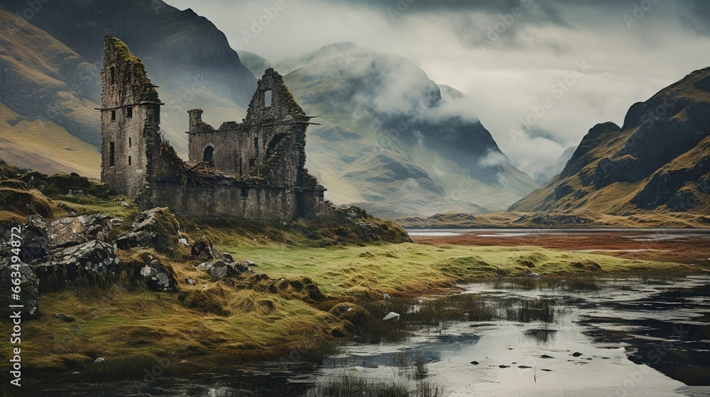 Decaying castle in the Scottish landscape, a beautiful scene of the old ruined castle. Created with Generative Ai technology.