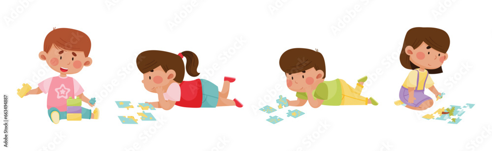 Happy Children Playing Toy in the Nursery Vector Illustration Set Happy Children Playing Toy in the Nursery Vector Illustration Set