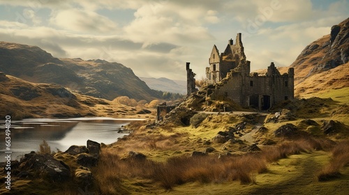 Decaying castle in the Scottish landscape, a beautiful scene of the old ruined castle. Created with Generative Ai technology. © Viktor