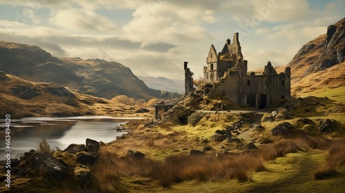 Decaying castle in the Scottish landscape, a beautiful scene of the old ruined castle. Created with Generative Ai technology.