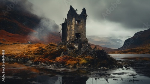Decaying castle in the Scottish landscape, a beautiful scene of the old ruined castle. Created with Generative Ai technology. photo