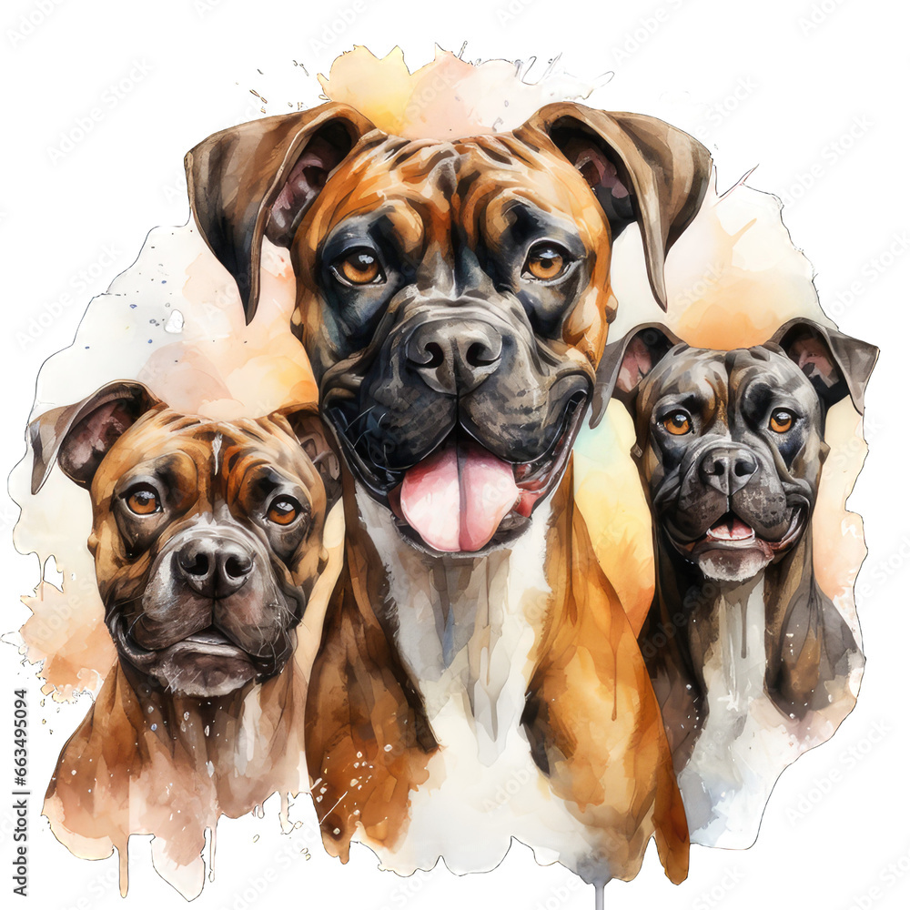 Three Cute Boxer Dog Watercolor Png Graphic