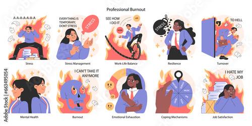 Professional burnout set. Young employee on fire at workplace. Office worker