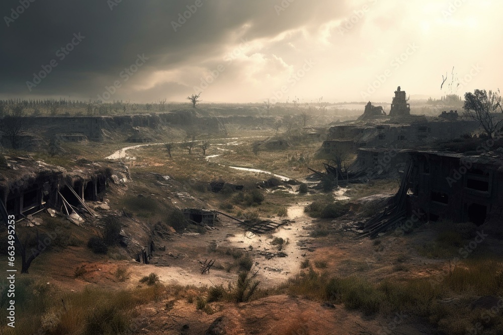 A devastated post-apocalyptic setting with a destroyed and barren landscape. Generative AI