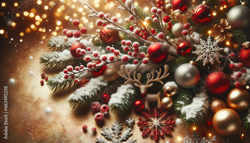 Postcard background with copy space of Christmas and new year holiday. Christmas tree with gold and red decorations  snow  bright balls. Concept of celebration. Ai generative