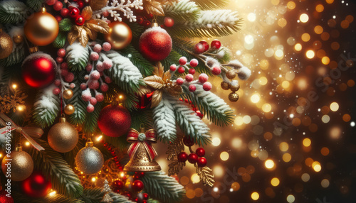 Postcard background with copy space of Christmas and new year holiday. Christmas tree with gold and red decorations, snow, bright balls. Concept of celebration. Ai generative