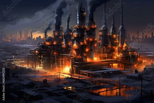 Large industrial plant emitting vapour and lit up by bright lights. Generative AI