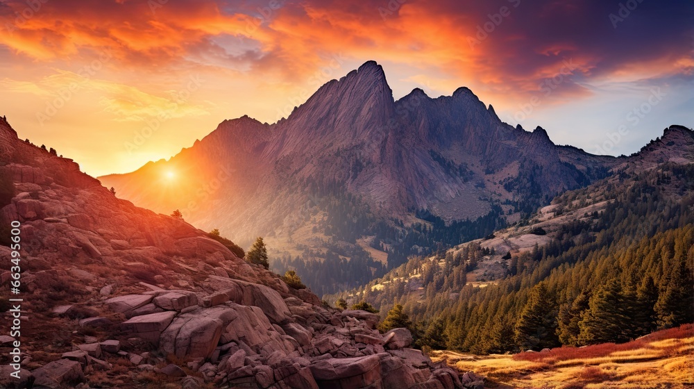  the sun is setting over a mountain range with trees and rocks.  generative ai