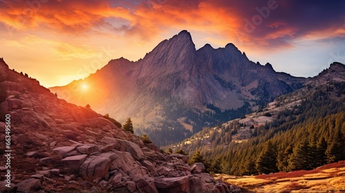  the sun is setting over a mountain range with trees and rocks. generative ai