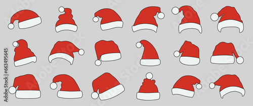 Set of red santa hats. New Year red hat